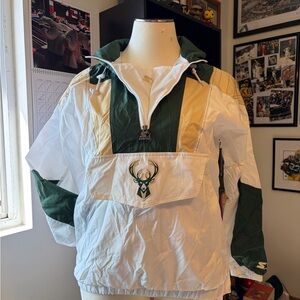 STARTER White and Green Milwaukee Bucks Pullover Windbreaker Jacket
